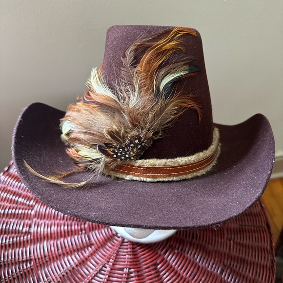Vintage Boho Trail Boss Feather Accent Wool Cowboy Hat - Picture 2 of 8